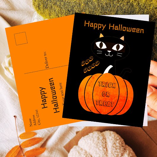 Spooky Sinaasappel Zwart Kat Trick or treat Hallow Briefkaart