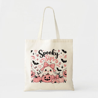Spooky Sips Roze Coquette Halloween Geesten Strikk Tote Bag