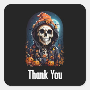 Spooky Skelet met Evil Pumpkins Dank je Vierkante Sticker
