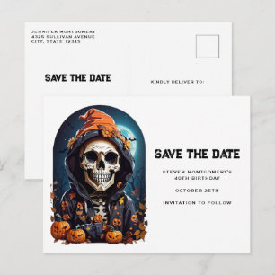 Spooky Skelet met Evil Pumpkins Save the Date Uitnodiging Briefkaart