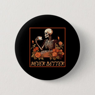 Spooky skelet met koffie en bloemen Halloween Ronde Button 5,7 Cm