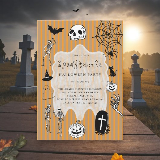 Spooky Skeleton Black Cat Bat Halloween Party Kaart