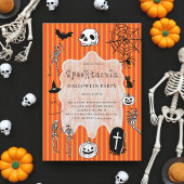 Spooky Skeleton Black Cat Bat Halloween Party Kaart