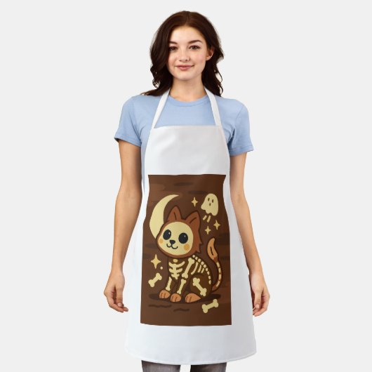 Spooky Skeleton Cat All-Over Print Apron, Medium Schort (Gedragen)