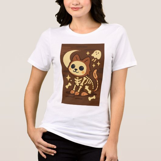 Spooky Skeleton Cat and Ghost T-Shirt (Voorkant)