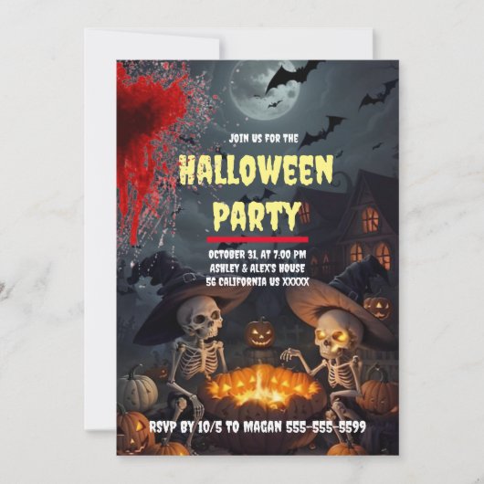 Spooky Skeleton Custom Halloween Party Invitation Kaart (Voorkant)
