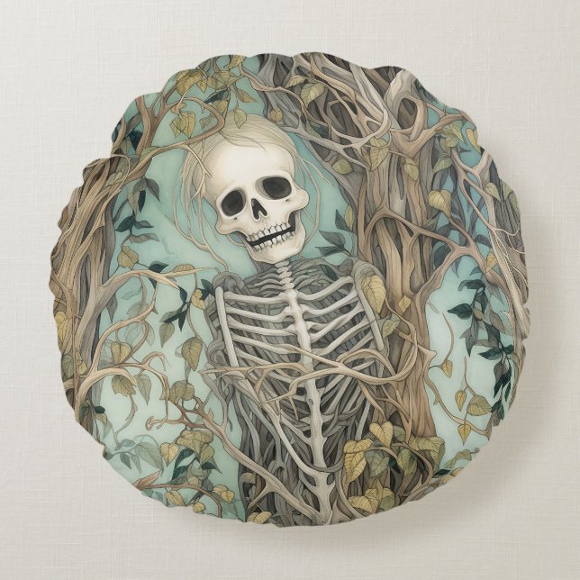Spooky Skeleton Halloween Rond Sierkussen Kussen (Voorkant)