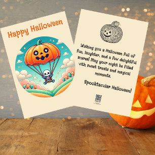Spooky Skeleton in Pumpkin Parachute, Halloween Feestdagenkaart