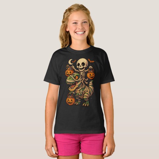 Spooky Skeleton & Mummy T-Rex Halloween Design T-shirt (Voorkant volledig)