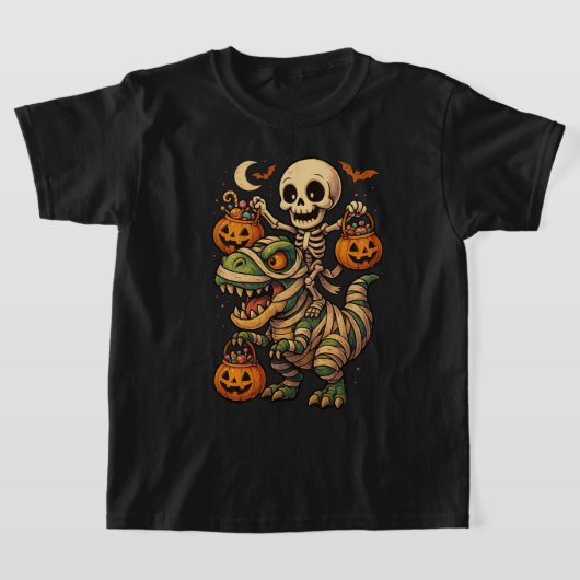 Spooky Skeleton & Mummy T-Rex Halloween Design T-shirt (Laagn)