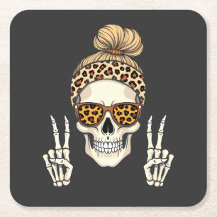 Spooky Skeleton Skull Leopard Halloween Mom Vierkante Kartonnen Onderzetter