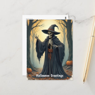 Spooky Skeleton Witch in het spookachtige bos Hall Briefkaart