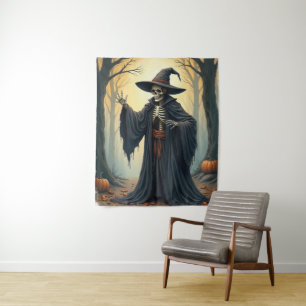 Spooky Skeleton Witch in het spookachtige bos Hall Wandkleed