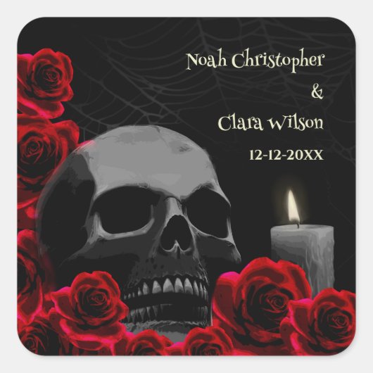Spooky Skull en Red Roses Gothic Halloween Wedding Vierkante Sticker (Voorkant)