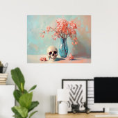 Spooky Skull en roze bloemen Poster (Thuiskantoor)