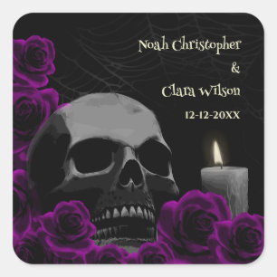 Spooky Skull Paarse Rozen Gothic Halloween Weddin Vierkante Sticker