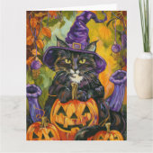 Spooky smoking kat Halloween heks en pompoen Kaart (Voorkant)
