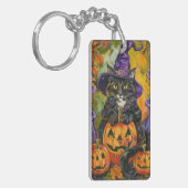 Spooky smoking kat Halloween heks en pompoen Sleutelhanger (Voorkant Links)