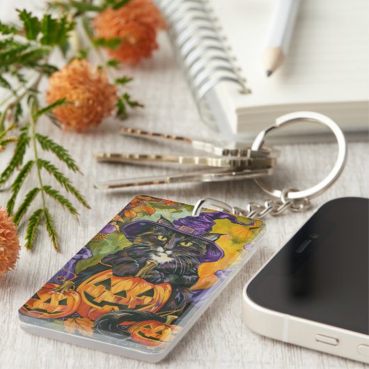 Spooky smoking kat Halloween heks en pompoen Sleutelhanger (Voorkant Rechts)