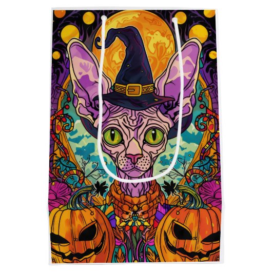 Spooky Sphynx kat Halloween heks en pompoen Medium Cadeauzakje (Achterkant)