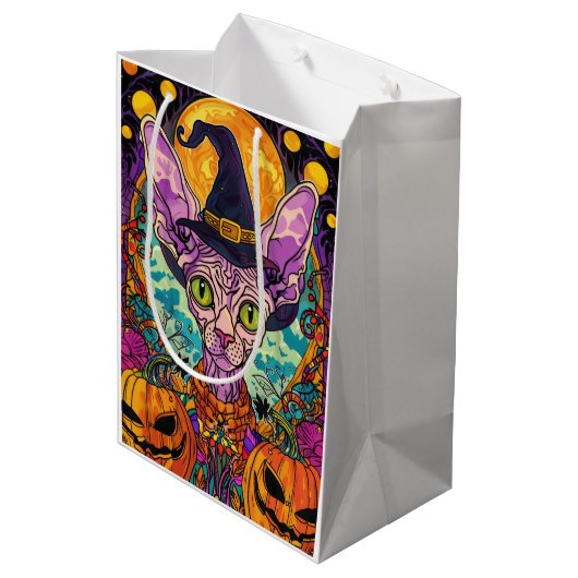 Spooky Sphynx kat Halloween heks en pompoen Medium Cadeauzakje (Achterkant Gekanteld)