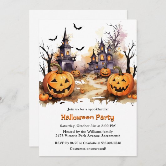 Spooky spookhuis pompoenen Kinder Halloween Party Kaart (Voorkant / Achterkant)