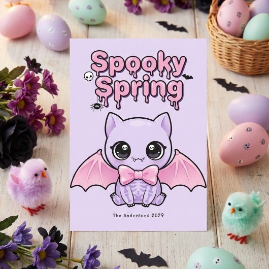 Spooky Spring Pastel Goth Bat Lavender Pink Feestdagenkaart