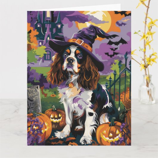 Spooky Springer Spaniel Halloween Witch Pumpkin Kaart (Gele Bloem)