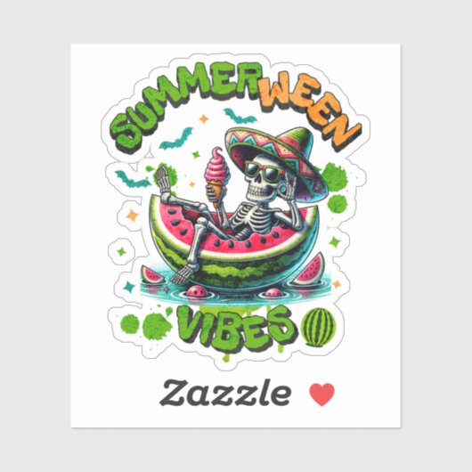 Spooky Summerween Skeleton Watermelon Float Funny Sticker (Vel)