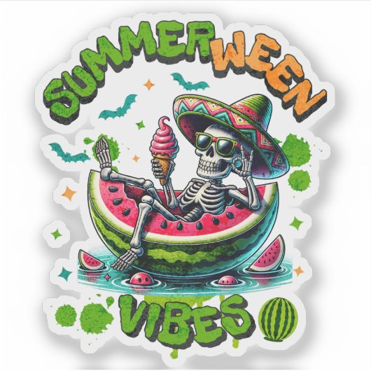 Spooky Summerween Skeleton Watermelon Float Funny Sticker (Voorkant)