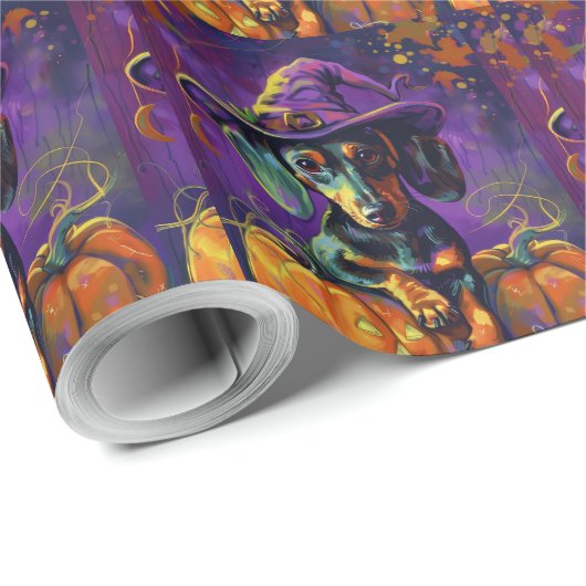 Spooky teckel hond Halloween heks en pompoen Cadeaupapier (Rol Hoek)