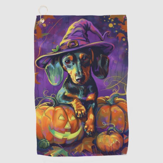 Spooky teckel hond Halloween heks en pompoen Golfhanddoek (Voorkant)