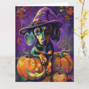 Spooky teckel hond Halloween heks en pompoen Kaart