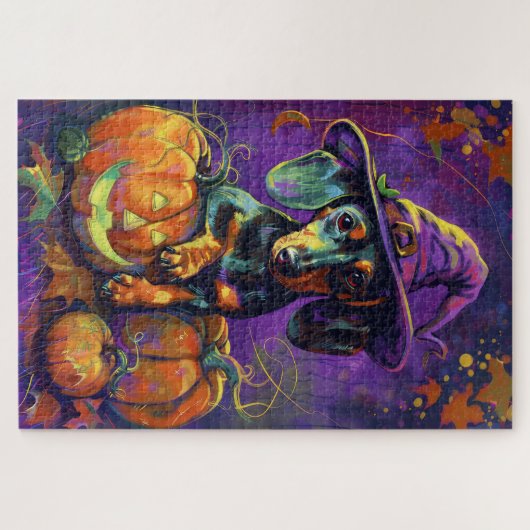 Spooky teckel hond Halloween heks en pompoen Legpuzzel (Horizontaal)