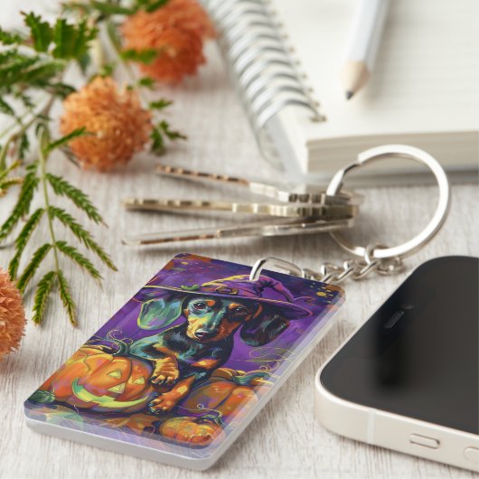 Spooky teckel hond Halloween heks en pompoen Sleutelhanger (Voorkant Rechts)