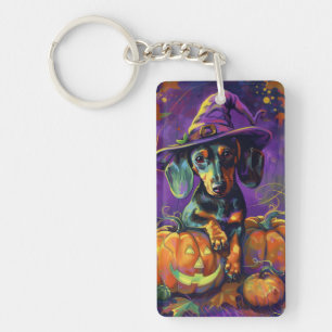 Spooky teckel hond Halloween heks en pompoen Sleutelhanger