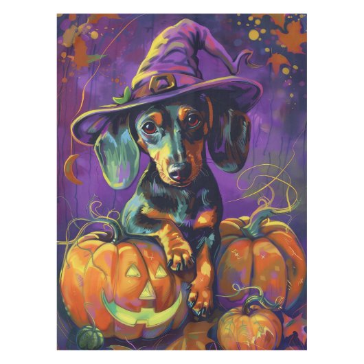 Spooky teckel hond Halloween heks en pompoen Tafelkleed (Voorkant)