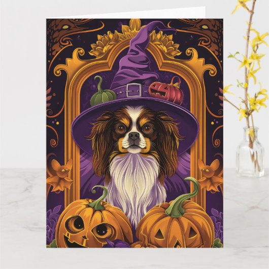 Spooky Tibetaanse Spaniel Hond Halloween Heksenpom Kaart (Gele Bloem)