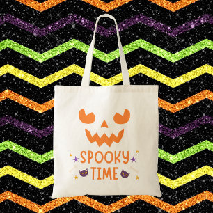 Spooky Time Pumpkin Gezicht met Katten Halloween Tote Bag