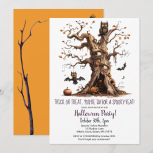 Spooky Tree Owl Bats Pumpkins Halloween Party Kaart