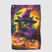Spooky Turkse Angora Cat Halloween Heksenpompoen Golfhanddoek (Voorkant)
