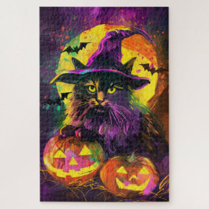 Spooky Turkse Angora Cat Halloween Heksenpompoen Legpuzzel