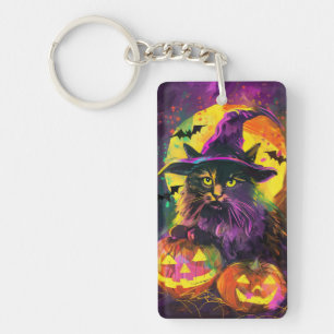 Spooky Turkse Angora Cat Halloween Heksenpompoen Sleutelhanger