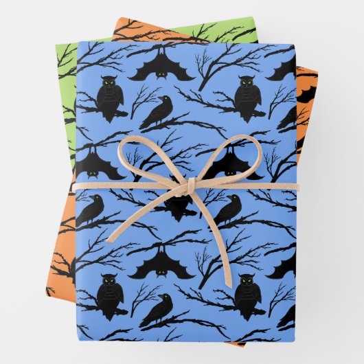Spooky Uil Bat Halloween Wrapping Paper Set van 3 (In situ)