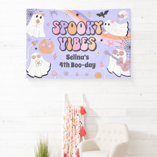 Spooky Vibes Cute Halloween Groovy Ghost Birthday Spandoek (Insitu)