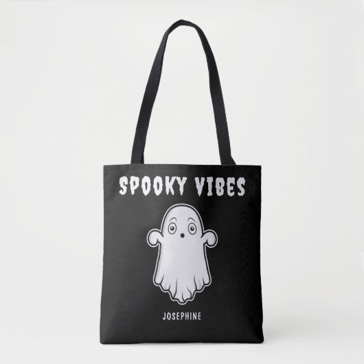 Spooky Vibes Ghost met aangepaste naam Zwart Wit Draagtas (Voorkant)