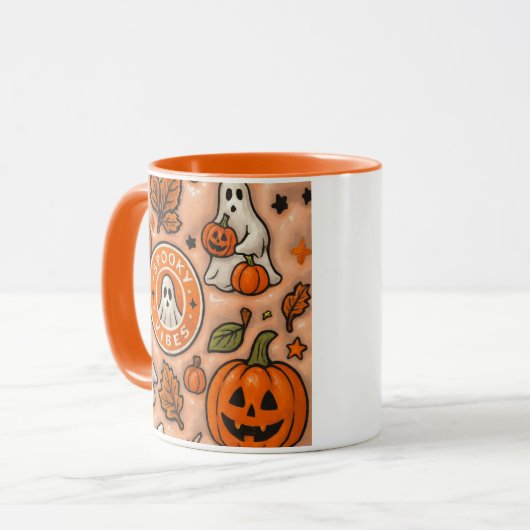 Spooky Vibes Halloween Design – Cute Ghosts & Pump Mok (Voorkant links)