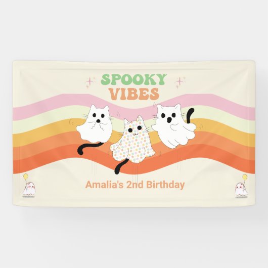 Spooky Vibes Retro Halloween Ghost Birthday Spandoek (Horizontaal)