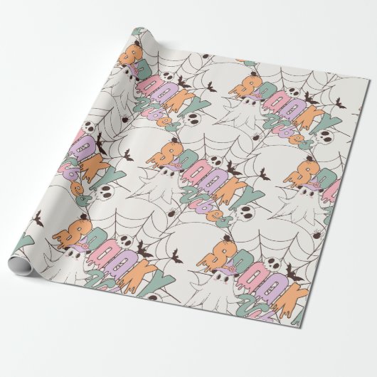 Spooky Vibes Trendy Pastel Retro Ghost Halloween Cadeaupapier (Uitgerold)