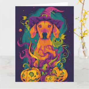 Spooky Vizsla Hond Halloween Heks en Pompoen Kaart